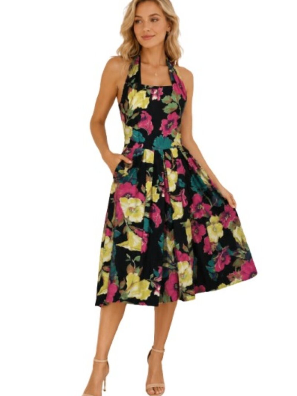 Vintage R.J. Stevens Womens Pleated A Line Dress Black Floral Pockets 4